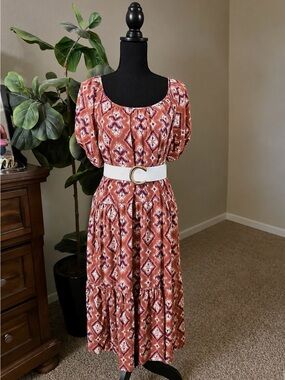 Rust Patterned Puff-Sleeve Midi Dress
